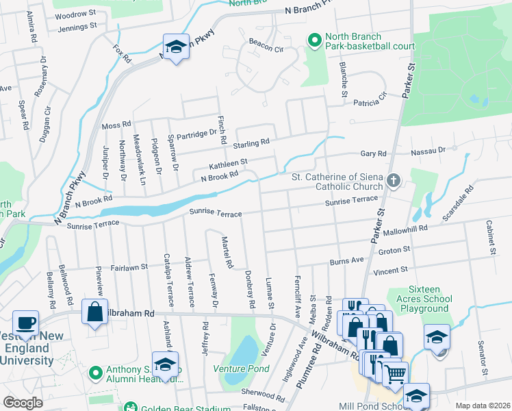 map of restaurants, bars, coffee shops, grocery stores, and more near 369 North Brook Road in Springfield