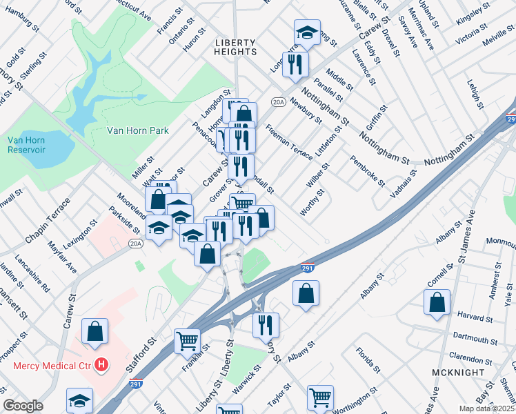 map of restaurants, bars, coffee shops, grocery stores, and more near 32 Phoenix Street in Springfield