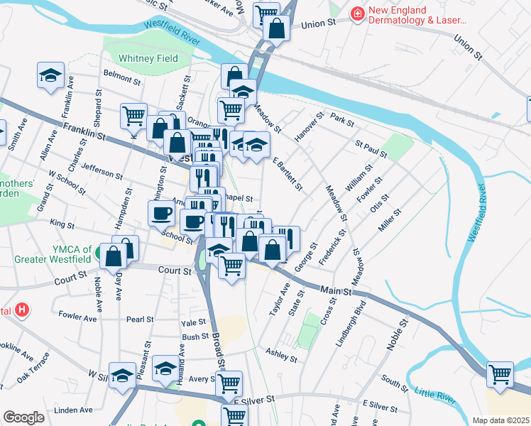 map of restaurants, bars, coffee shops, grocery stores, and more near 42 Mechanic Street in Westfield