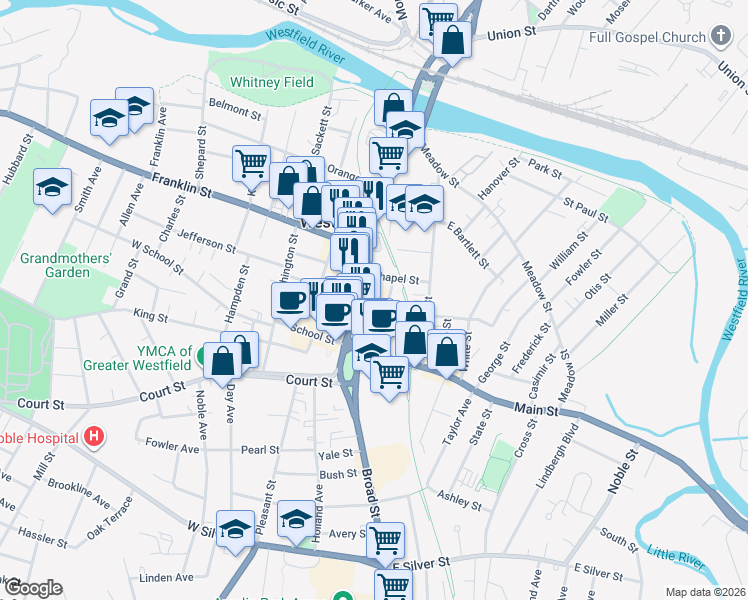 map of restaurants, bars, coffee shops, grocery stores, and more near 116 Elm Street in Westfield