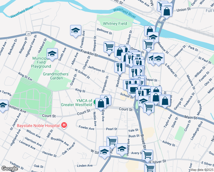 map of restaurants, bars, coffee shops, grocery stores, and more near 27 Hampden Street in Westfield