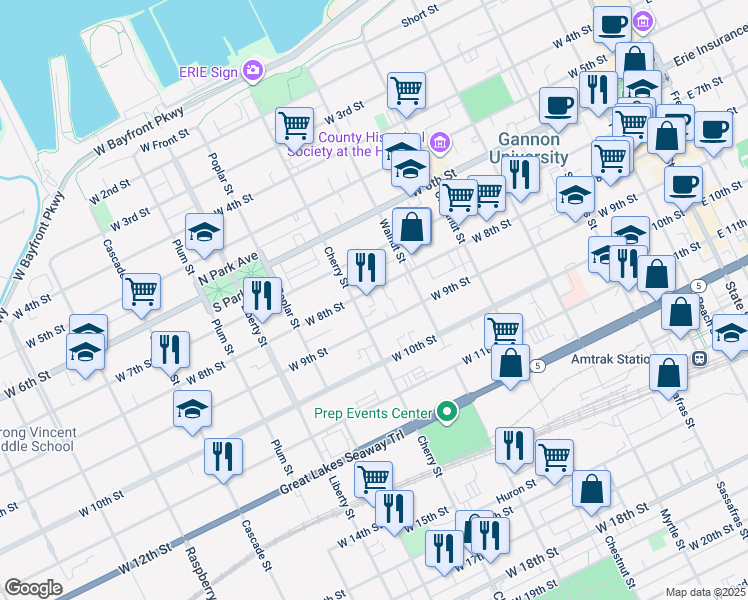 map of restaurants, bars, coffee shops, grocery stores, and more near 556 West 8th Street in Erie