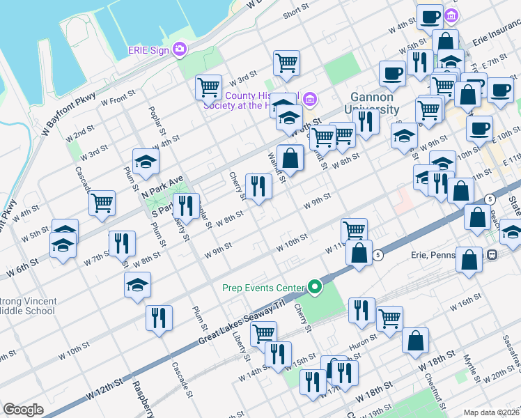 map of restaurants, bars, coffee shops, grocery stores, and more near 556 West 8th Street in Erie