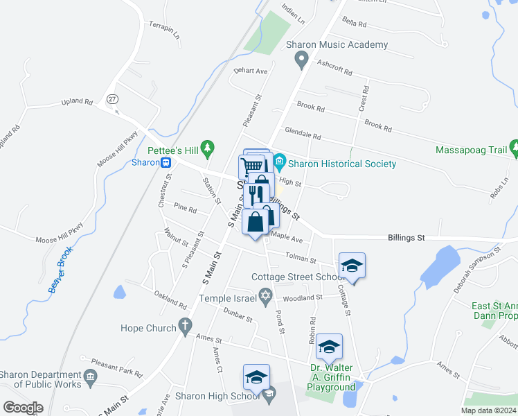 map of restaurants, bars, coffee shops, grocery stores, and more near 16 Pond Street in Sharon