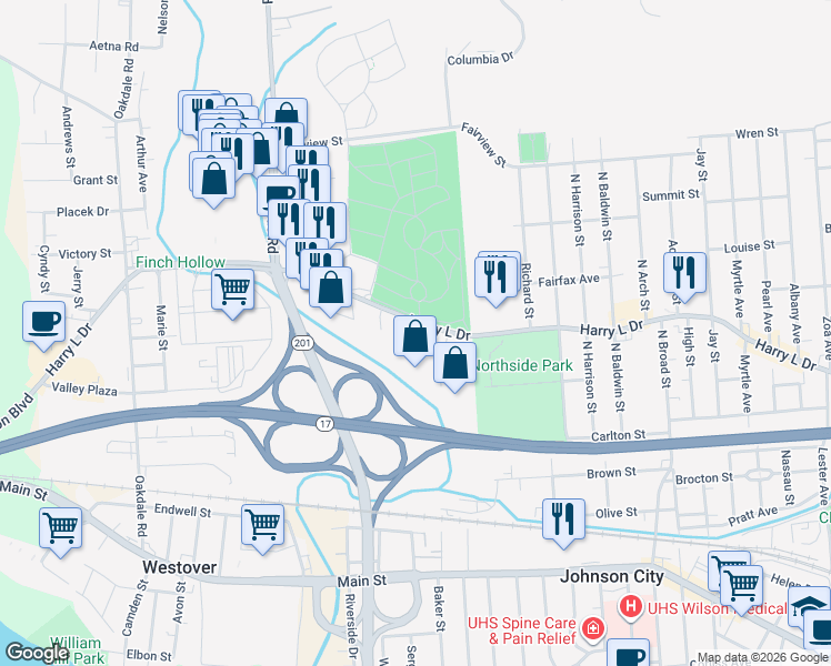 map of restaurants, bars, coffee shops, grocery stores, and more near 432 Harry L Drive in Johnson City
