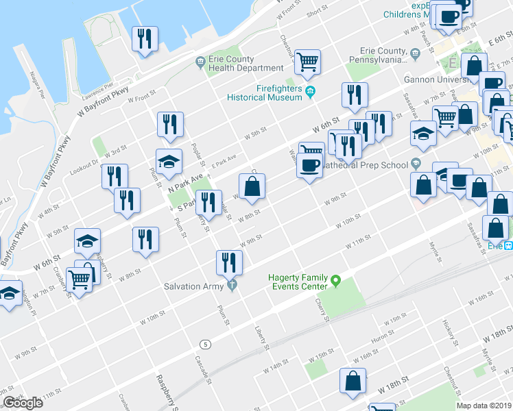 map of restaurants, bars, coffee shops, grocery stores, and more near 620 West 8th Street in Erie