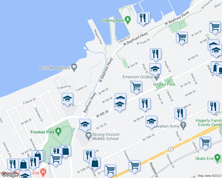 map of restaurants, bars, coffee shops, grocery stores, and more near 1115 West 4th Street in Erie