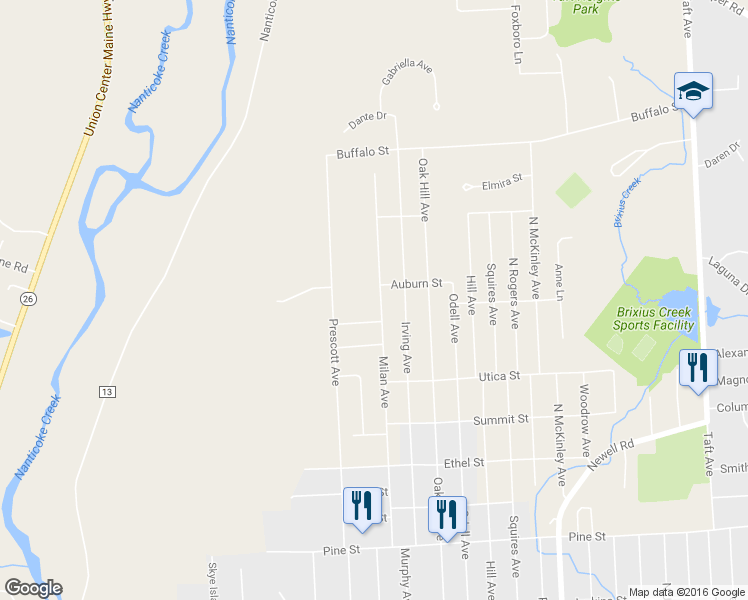 map of restaurants, bars, coffee shops, grocery stores, and more near 825 Milan Avenue in Endicott