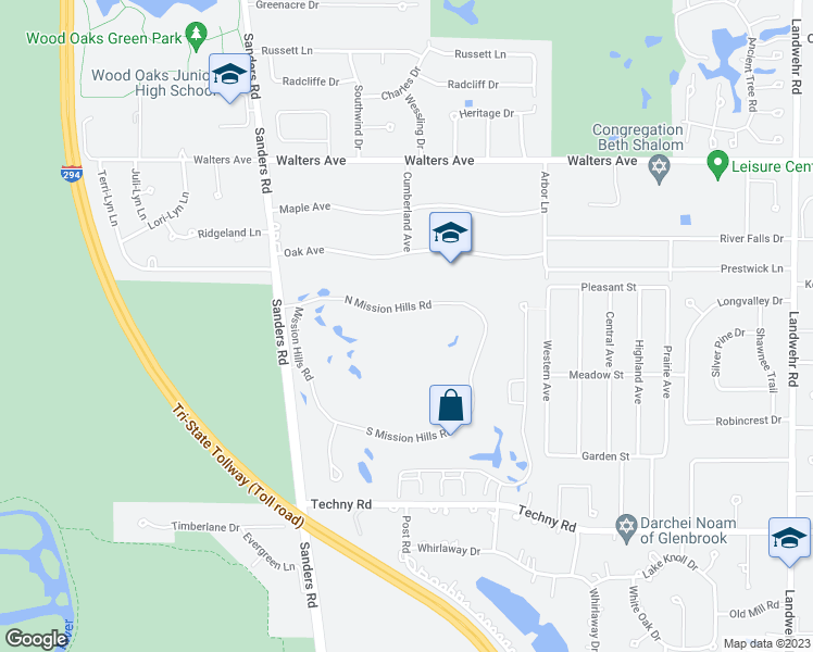 map of restaurants, bars, coffee shops, grocery stores, and more near 3851 Mission Hills Road in Northbrook