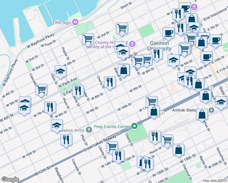 map of restaurants, bars, coffee shops, grocery stores, and more near 519 West 8th Street in Erie