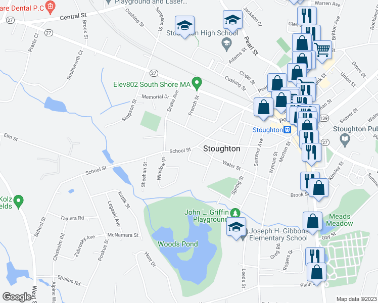 map of restaurants, bars, coffee shops, grocery stores, and more near 7 Green Street in Stoughton