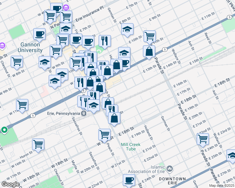 map of restaurants, bars, coffee shops, grocery stores, and more near 310 Lovell Place in Erie