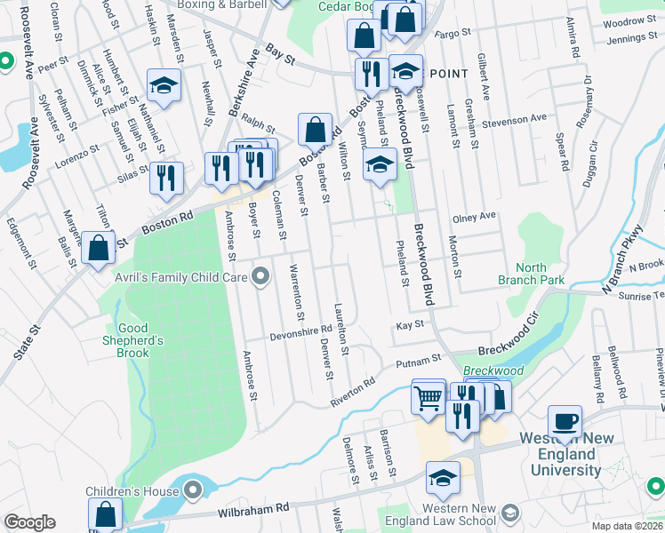 map of restaurants, bars, coffee shops, grocery stores, and more near 145 Barber Street in Springfield