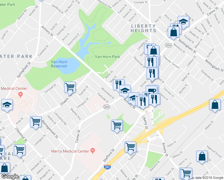 map of restaurants, bars, coffee shops, grocery stores, and more near 535 Armory Street in Springfield