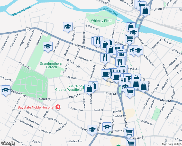 map of restaurants, bars, coffee shops, grocery stores, and more near 9 West School Street in Westfield
