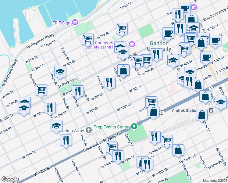 map of restaurants, bars, coffee shops, grocery stores, and more near 519 West 8th Street in Erie
