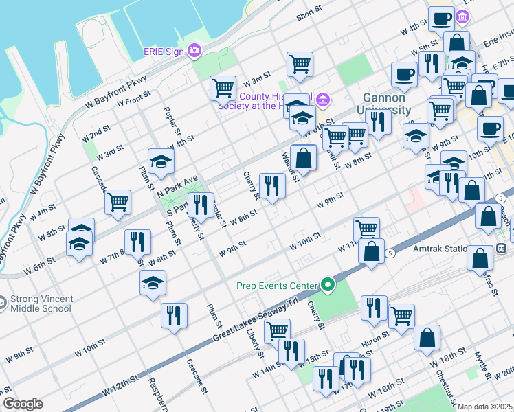 map of restaurants, bars, coffee shops, grocery stores, and more near 556 West 8th Street in Erie