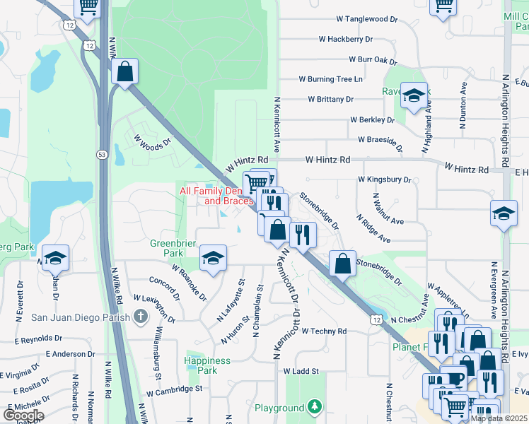 map of restaurants, bars, coffee shops, grocery stores, and more near 905 West Essex Place in Arlington Heights
