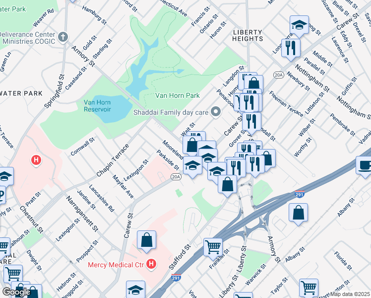 map of restaurants, bars, coffee shops, grocery stores, and more near 540 Armory Street in Springfield