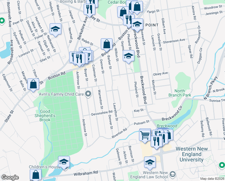 map of restaurants, bars, coffee shops, grocery stores, and more near 145 Barber Street in Springfield