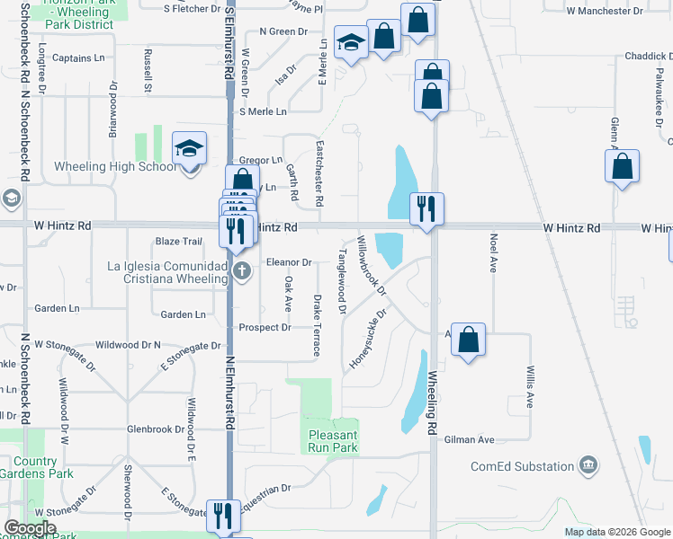 map of restaurants, bars, coffee shops, grocery stores, and more near 866 Tanglewood Drive in Wheeling