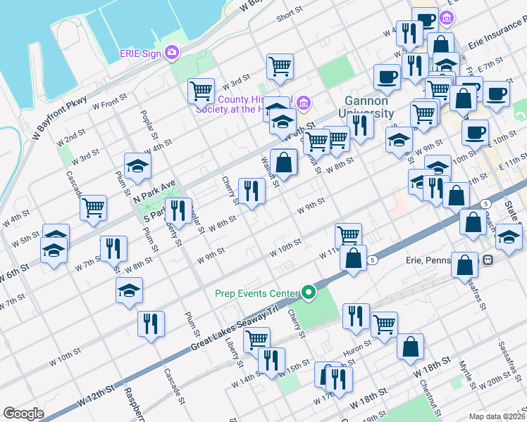 map of restaurants, bars, coffee shops, grocery stores, and more near 519 West 8th Street in Erie