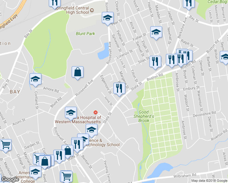 map of restaurants, bars, coffee shops, grocery stores, and more near 14 Eldert Street in Springfield