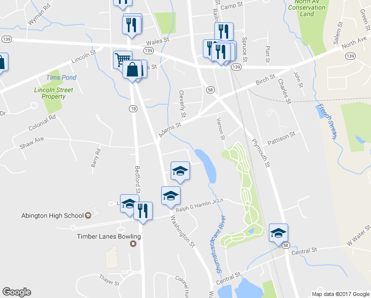 map of restaurants, bars, coffee shops, grocery stores, and more near 54 Lantern Lane in Abington