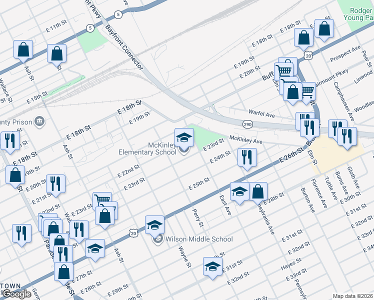 map of restaurants, bars, coffee shops, grocery stores, and more near 2212 East Avenue in Erie