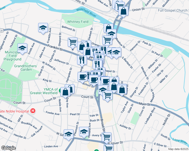 map of restaurants, bars, coffee shops, grocery stores, and more near 10 Arnold Street in Westfield