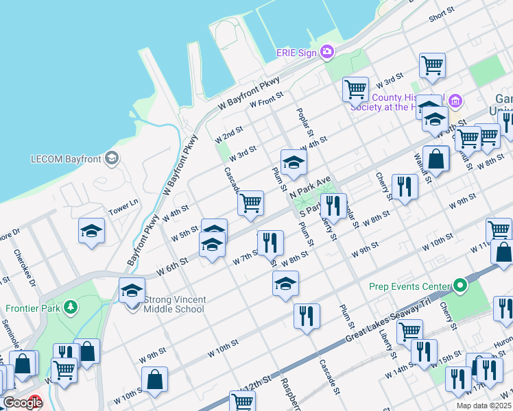 map of restaurants, bars, coffee shops, grocery stores, and more near 951 West 5th Street in Erie