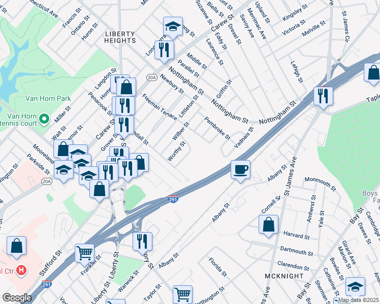 map of restaurants, bars, coffee shops, grocery stores, and more near 47 Van Buren Avenue in Springfield