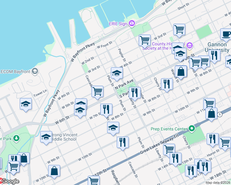 map of restaurants, bars, coffee shops, grocery stores, and more near West 6th Street in Erie