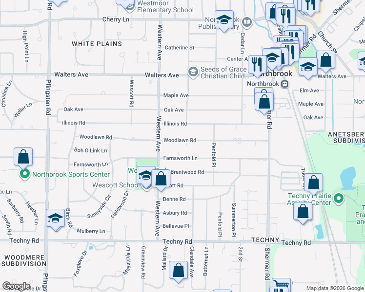 map of restaurants, bars, coffee shops, grocery stores, and more near 2307 Woodlawn Road in Northbrook