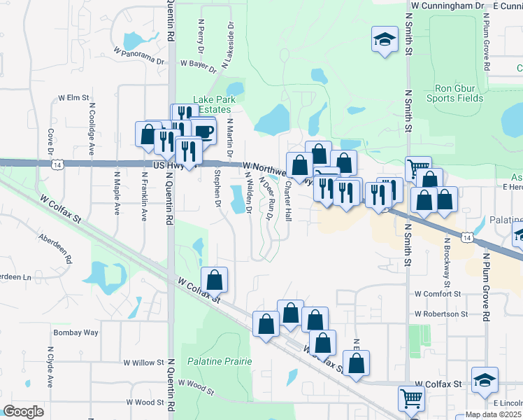 map of restaurants, bars, coffee shops, grocery stores, and more near 650 North Deer Run Drive in Palatine