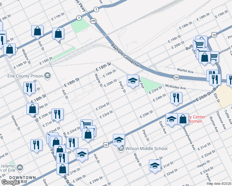 map of restaurants, bars, coffee shops, grocery stores, and more near 820 East 21st Street in Erie