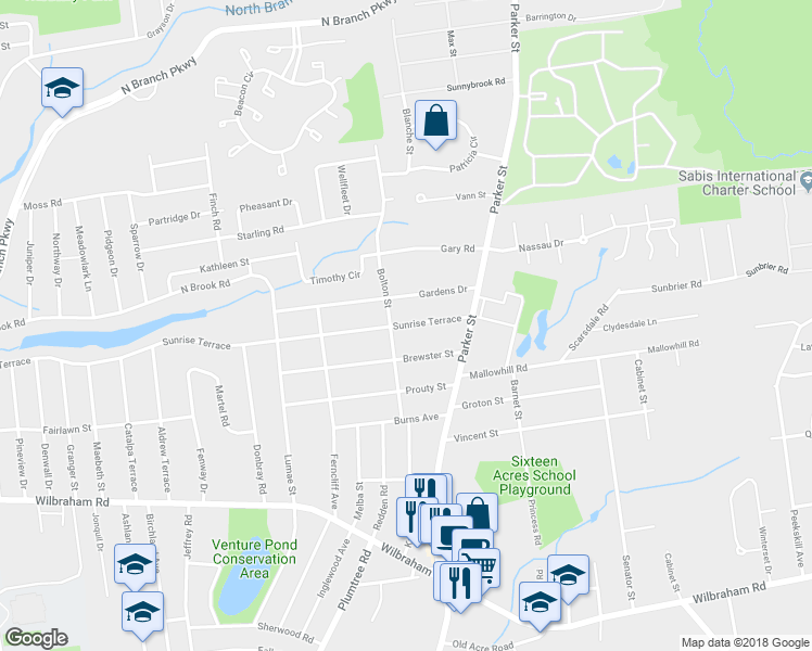 map of restaurants, bars, coffee shops, grocery stores, and more near 67 Sunrise Terrace in Springfield