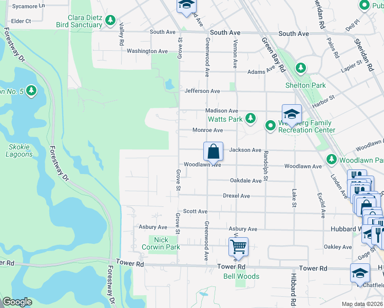 map of restaurants, bars, coffee shops, grocery stores, and more near 381 Grove Street in Glencoe