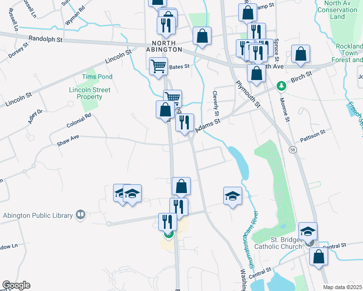 map of restaurants, bars, coffee shops, grocery stores, and more near 22 Shaw Avenue in Abington