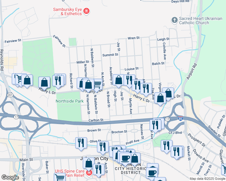 map of restaurants, bars, coffee shops, grocery stores, and more near 220 Harry L Drive in Johnson City