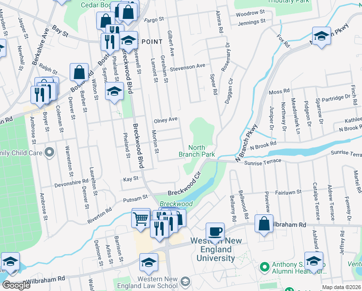 map of restaurants, bars, coffee shops, grocery stores, and more near 57 Herbert Avenue in Springfield