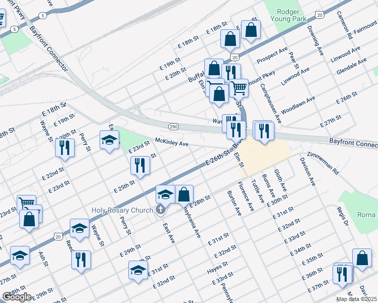 map of restaurants, bars, coffee shops, grocery stores, and more near 2415 Brandes Street in Erie