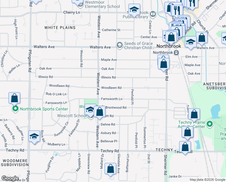 map of restaurants, bars, coffee shops, grocery stores, and more near 2307 Woodlawn Road in Northbrook