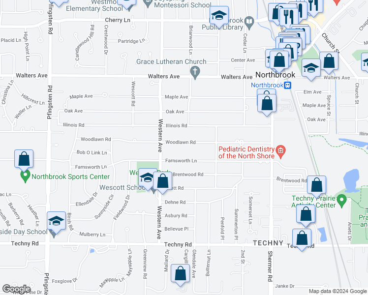 map of restaurants, bars, coffee shops, grocery stores, and more near 2307 Woodlawn Road in Northbrook