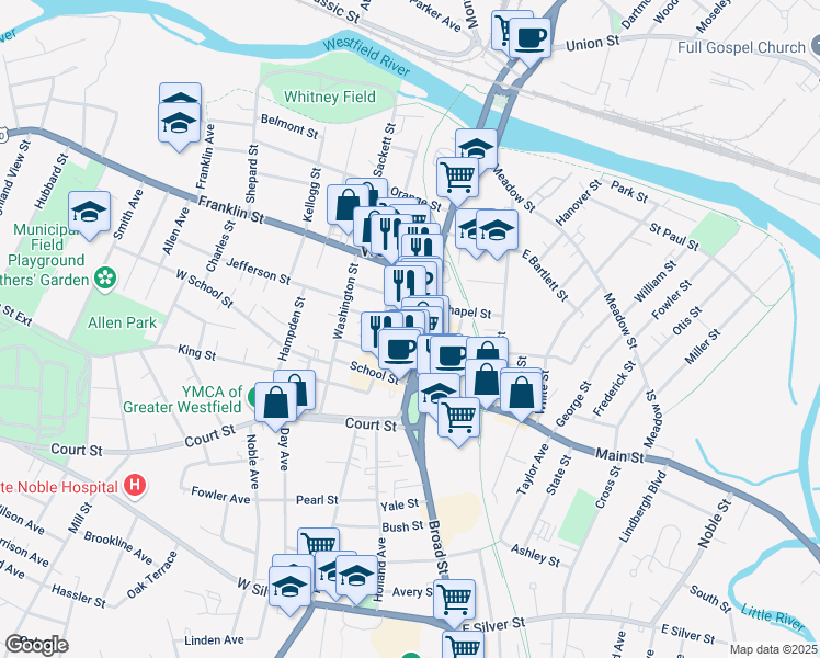 map of restaurants, bars, coffee shops, grocery stores, and more near 10 Arnold Street in Westfield