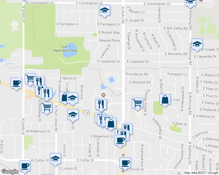 map of restaurants, bars, coffee shops, grocery stores, and more near 2 Renaissance Place in Palatine
