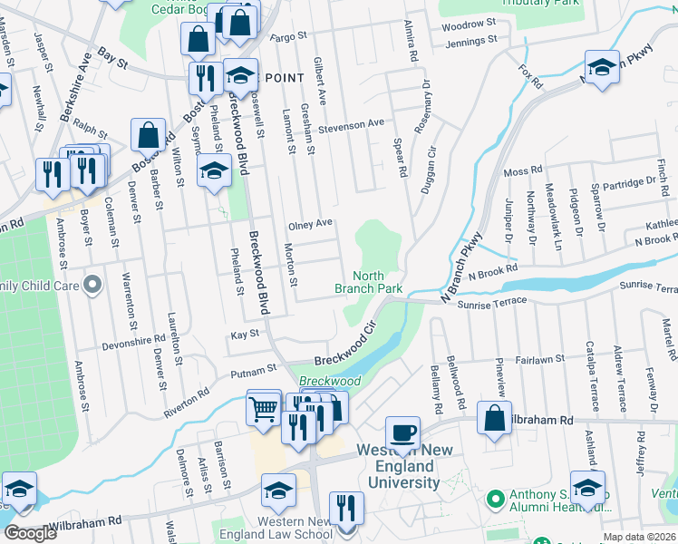 map of restaurants, bars, coffee shops, grocery stores, and more near 57 Herbert Avenue in Springfield