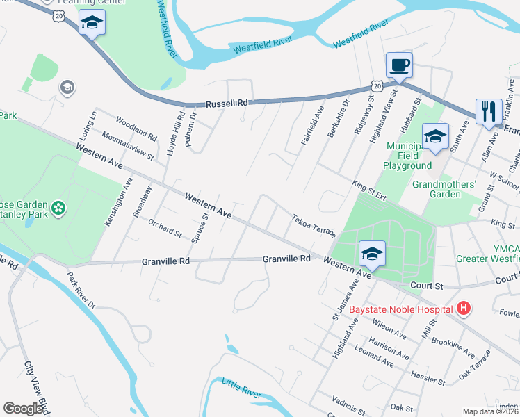 map of restaurants, bars, coffee shops, grocery stores, and more near 31 Lowell Avenue in Westfield