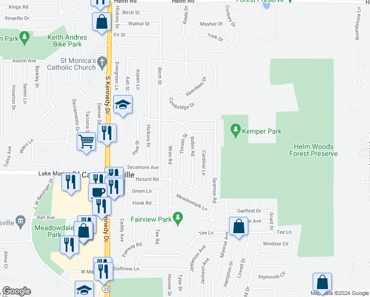 map of restaurants, bars, coffee shops, grocery stores, and more near 25 Thrush Street in Carpentersville