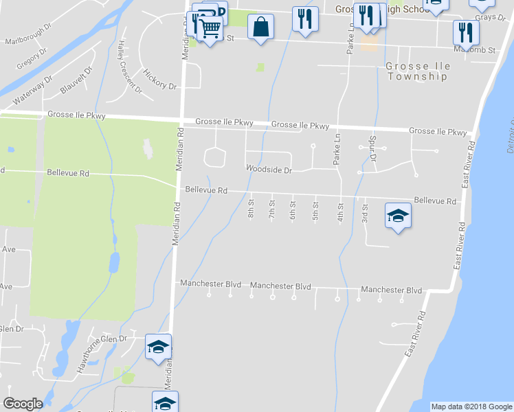 map of restaurants, bars, coffee shops, grocery stores, and more near 25453 8th Street in Grosse Ile Township